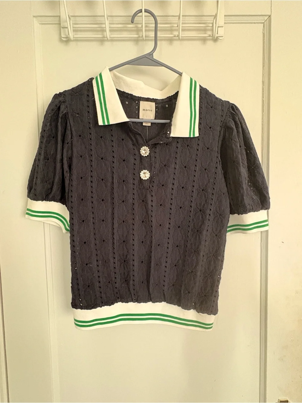 Anthropologie Navy Eyelet Polo Top with White & Green Trim